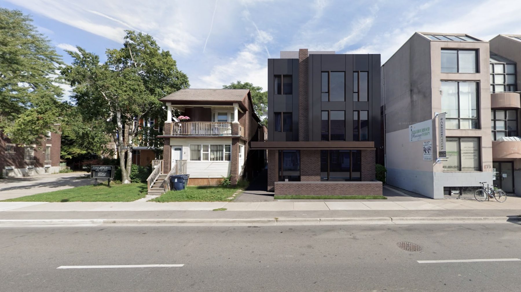 Rendering of Pine Development's eight-unit residence at 877 Broadview Avenue, set between existing low-rise neighbours